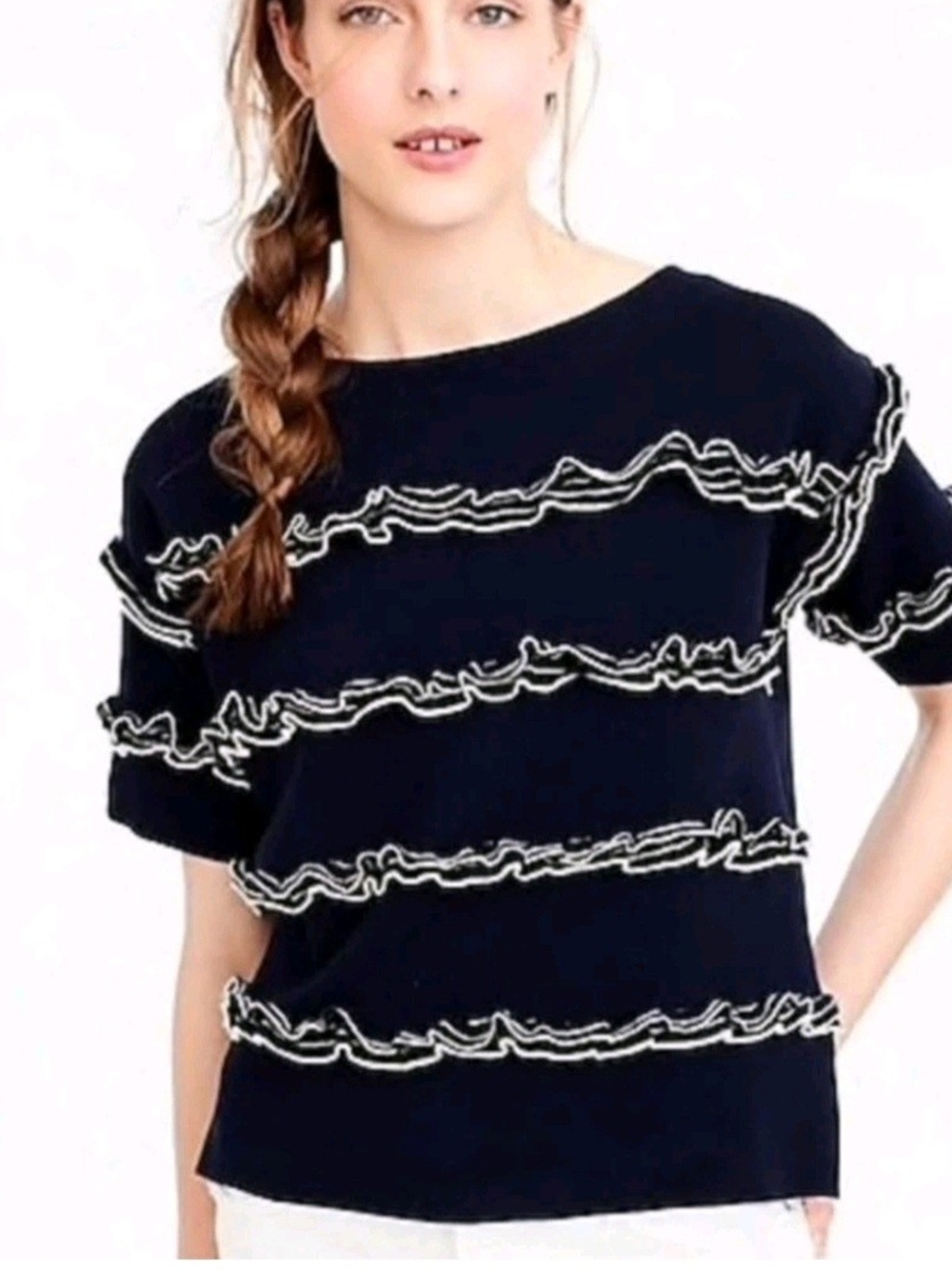 J. Crew Navy & White Ruffled Boatneck Sweater; Size S